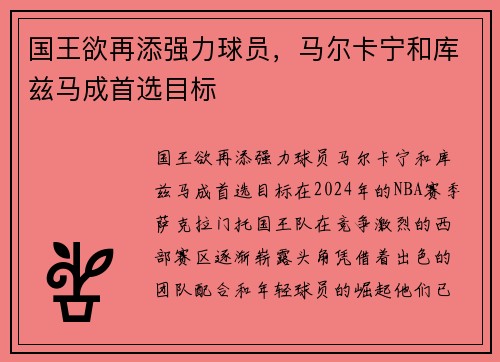 国王欲再添强力球员，马尔卡宁和库兹马成首选目标