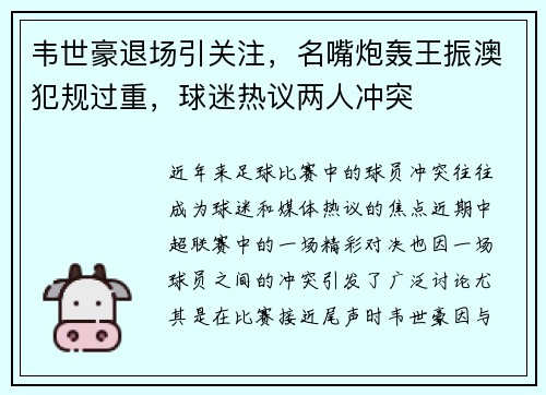 韦世豪退场引关注，名嘴炮轰王振澳犯规过重，球迷热议两人冲突