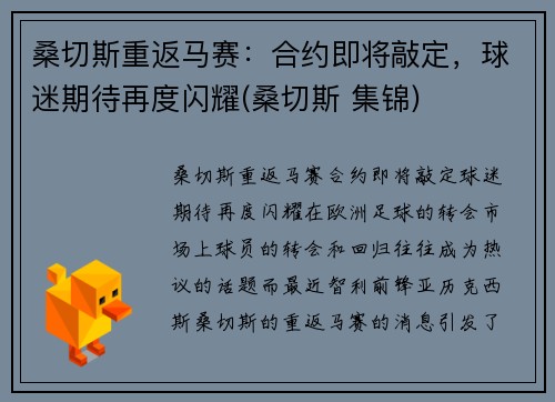 桑切斯重返马赛：合约即将敲定，球迷期待再度闪耀(桑切斯 集锦)