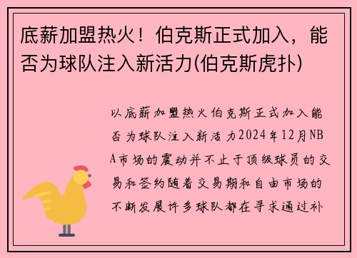 底薪加盟热火！伯克斯正式加入，能否为球队注入新活力(伯克斯虎扑)