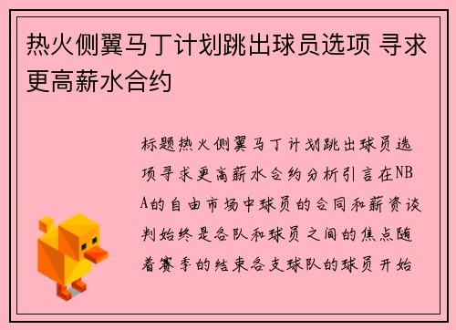 热火侧翼马丁计划跳出球员选项 寻求更高薪水合约