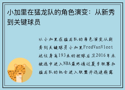 小加里在猛龙队的角色演变：从新秀到关键球员