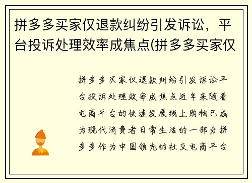 拼多多买家仅退款纠纷引发诉讼，平台投诉处理效率成焦点(拼多多买家仅退款申请质量问题怎么办)