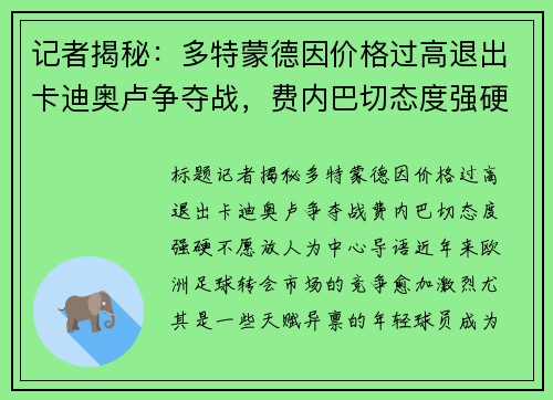 记者揭秘：多特蒙德因价格过高退出卡迪奥卢争夺战，费内巴切态度强硬不愿放人