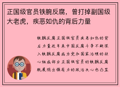 正国级官员铁腕反腐，曾打掉副国级大老虎，疾恶如仇的背后力量