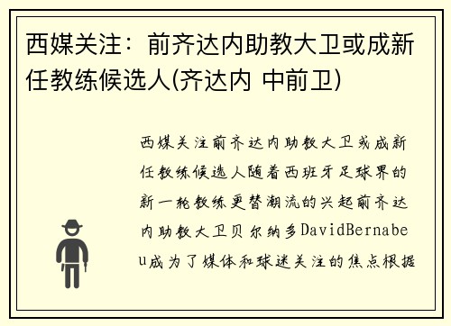 西媒关注：前齐达内助教大卫或成新任教练候选人(齐达内 中前卫)
