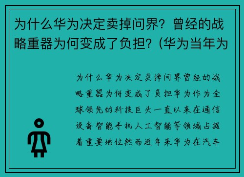 为什么华为决定卖掉问界？曾经的战略重器为何变成了负担？(华为当年为什么想卖掉)
